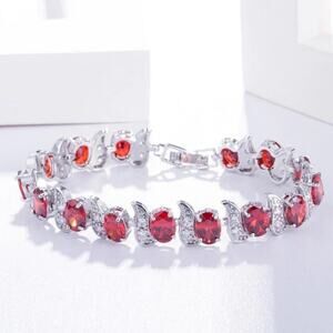 Bracelet Red Elegant Classic with Rhinestones and Silver Charm Leaves